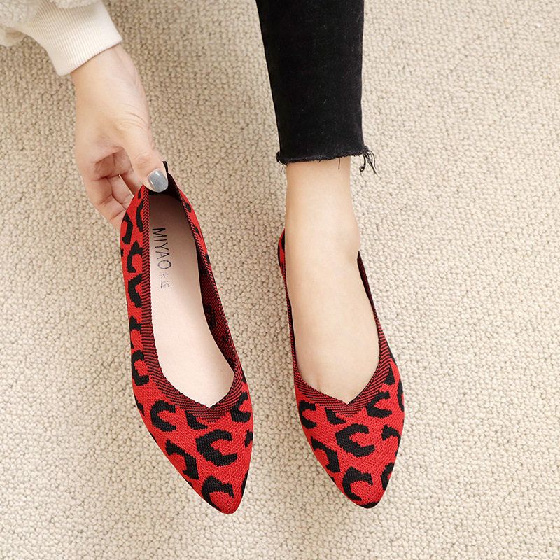2021 Women New Korean Woven Flat Shoes Lady Shallow Knitted Leopard Slip on Shoes