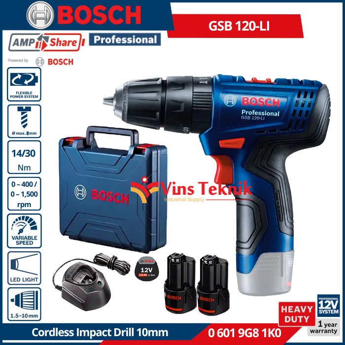 Mesin Bor baterai 12V Cordless Impact drill GSB120LI BOSCH GSB 120