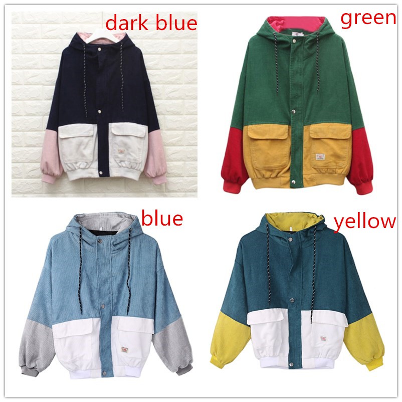 block patchwork corduroy hooded jacket