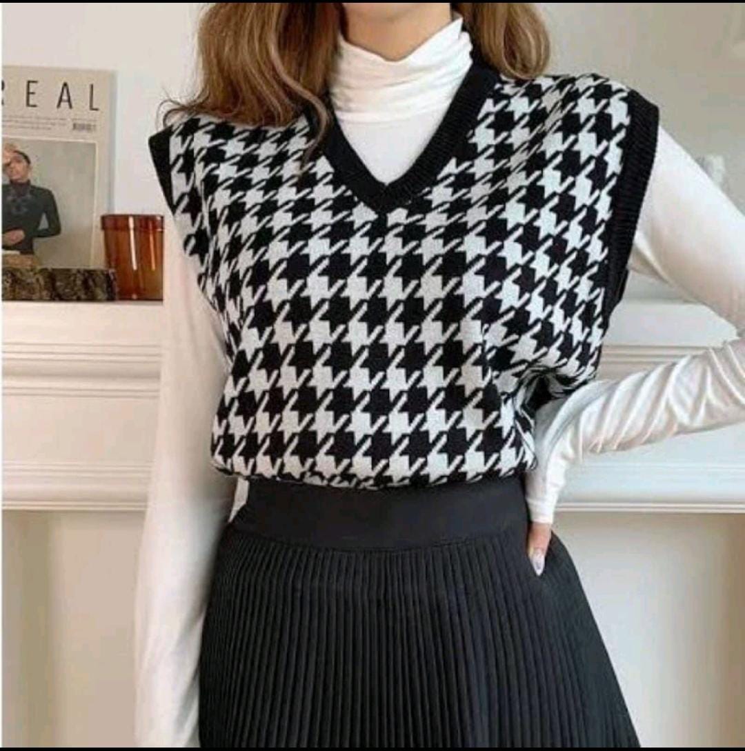 SUETERKU JENNIE VEST RAJUT HOUNDSTOOTH PREMIUM ROMPI RAJUT