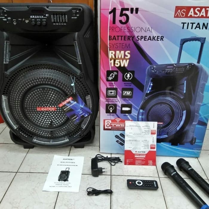 SPEAKER PORTABLE 15 INCH ASATRON TITANIUM FREE 2 MIC WIRELESS ORIGINAL