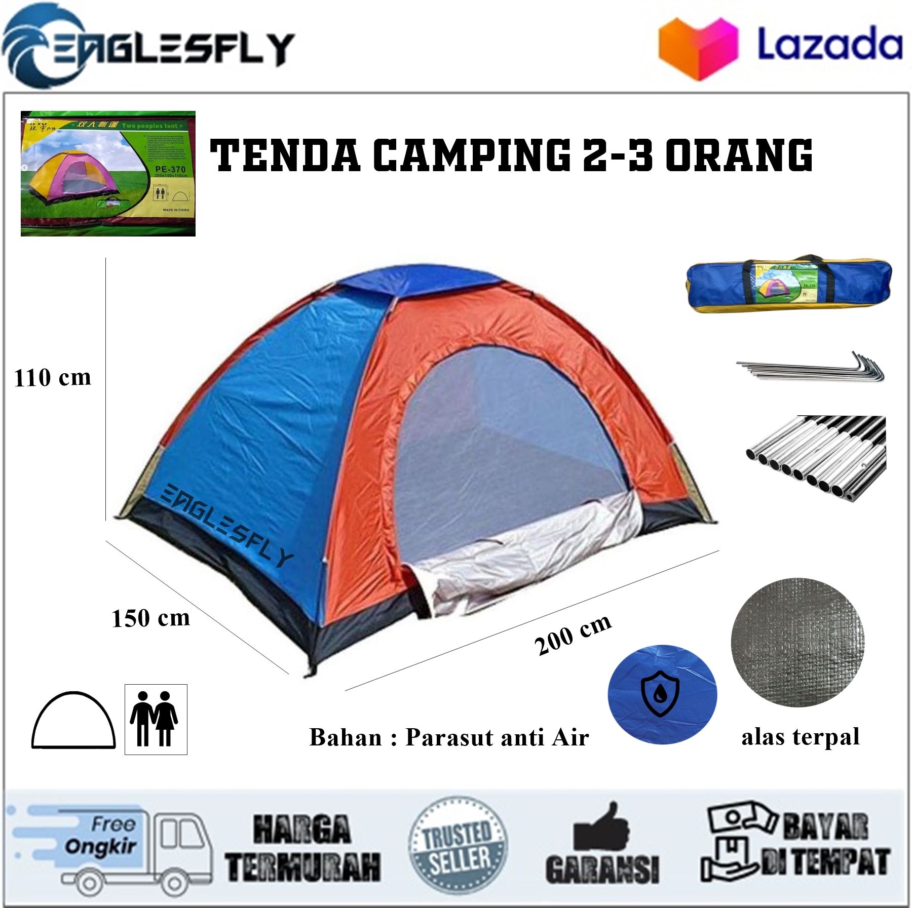 Tenda Camping 2 Orang Dewasa Anti Air Alas Terpal Murah dan Berkualitas
