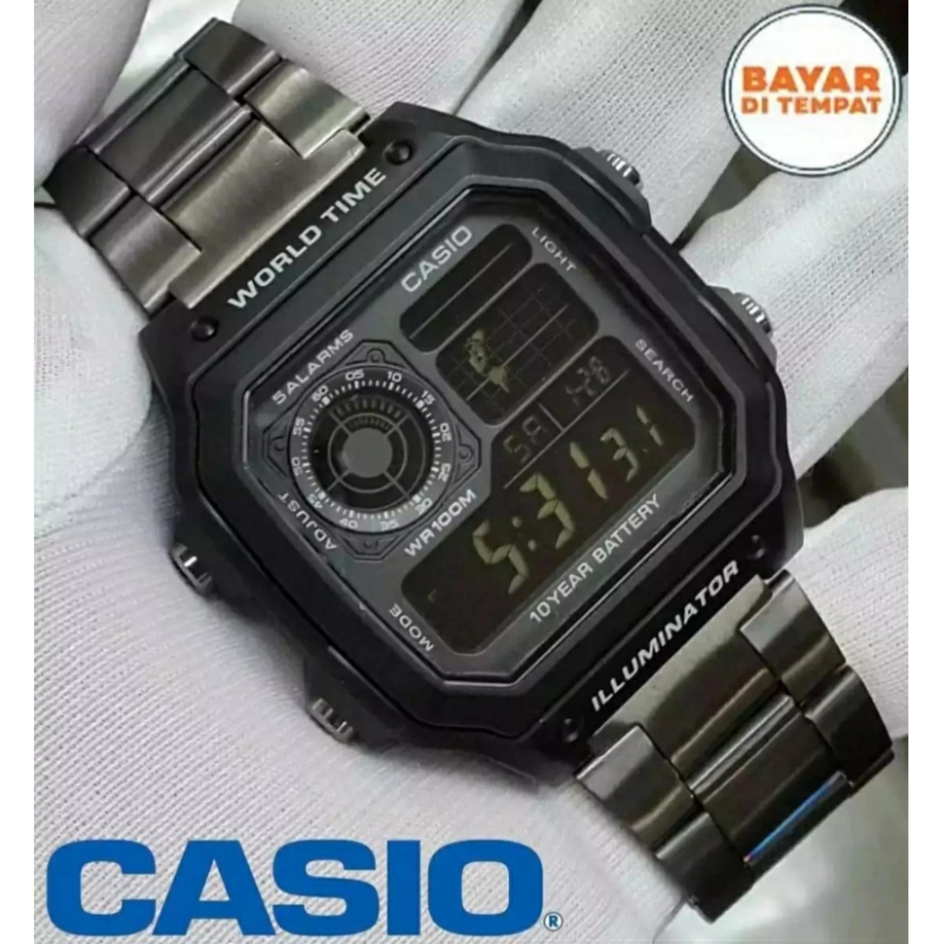 WARNA HITAM//JAM TANGAN MURAH CASIO AE1200//RANTAI STAINLESS STEEL/CS004
