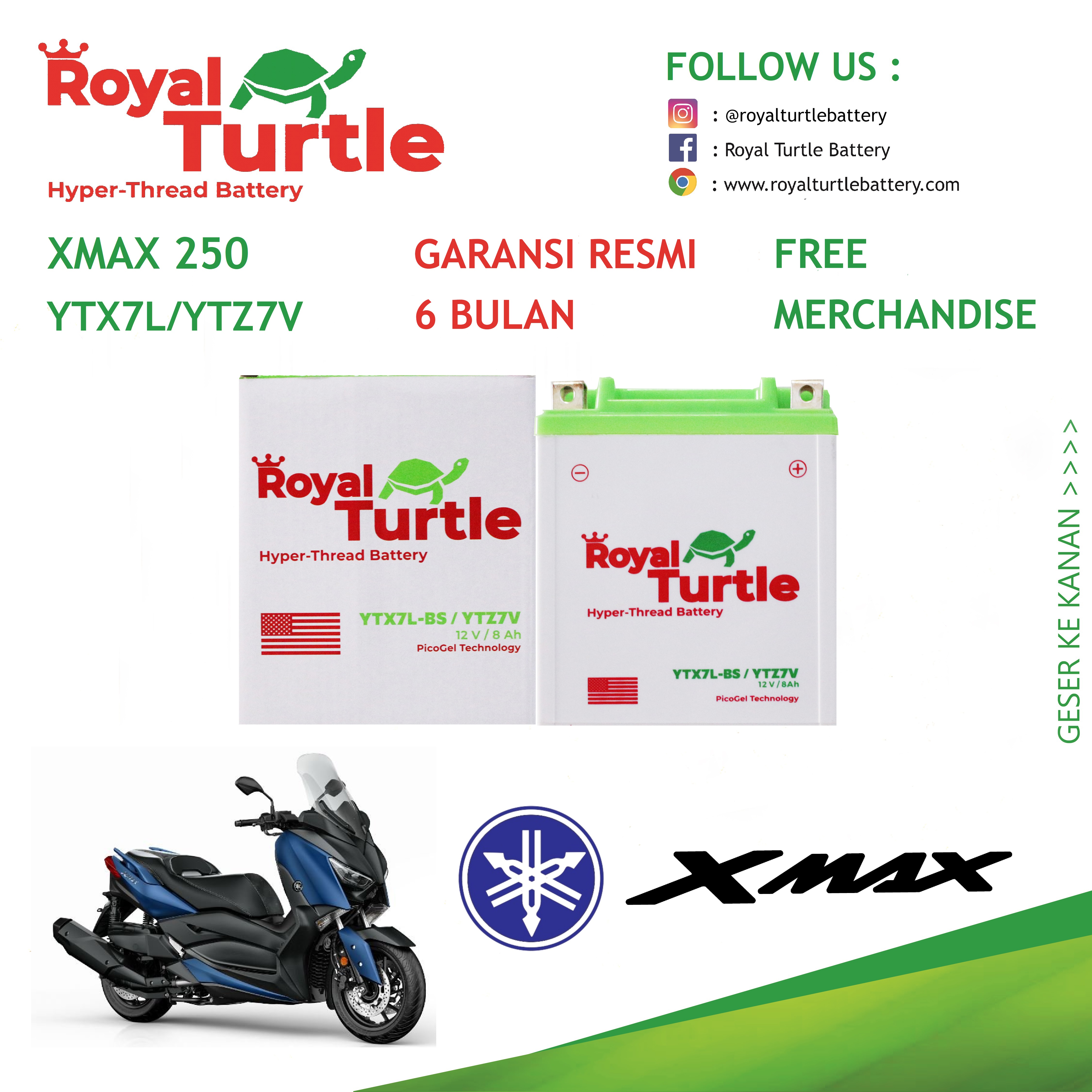 Aki Motor Yamaha XMax 250 ROYAL TURTLE YTX7L / YTZ7V Accu Kering