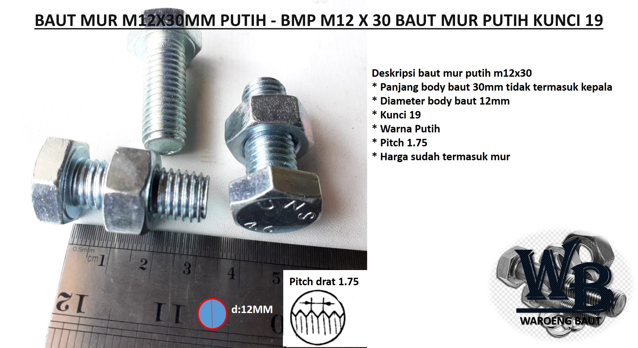 BAUT M12X30 - BAUT MUR M12X30MM PUTIH - BMP M12 X 30 BAUT MUR PUTIH ...