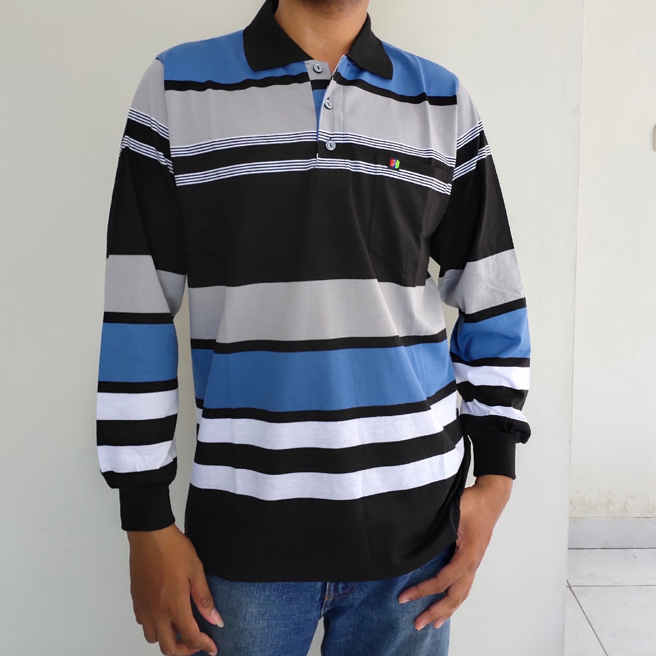 Kaos Kerah Pria Garis Lengan Panjang- Kaos Motif Salur - Kaos Murah