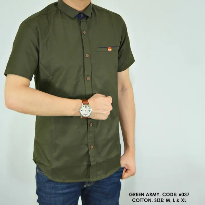 Baju Hem Meikal Army Ni Kemeja Pria Matt Katun Hijau Army Shopee Indonesia