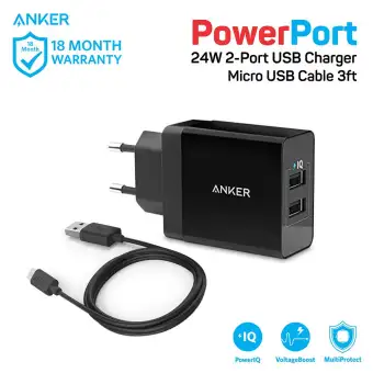 Anker PowerPort 2 Dual Wall Charger + Micro USB 3ft 