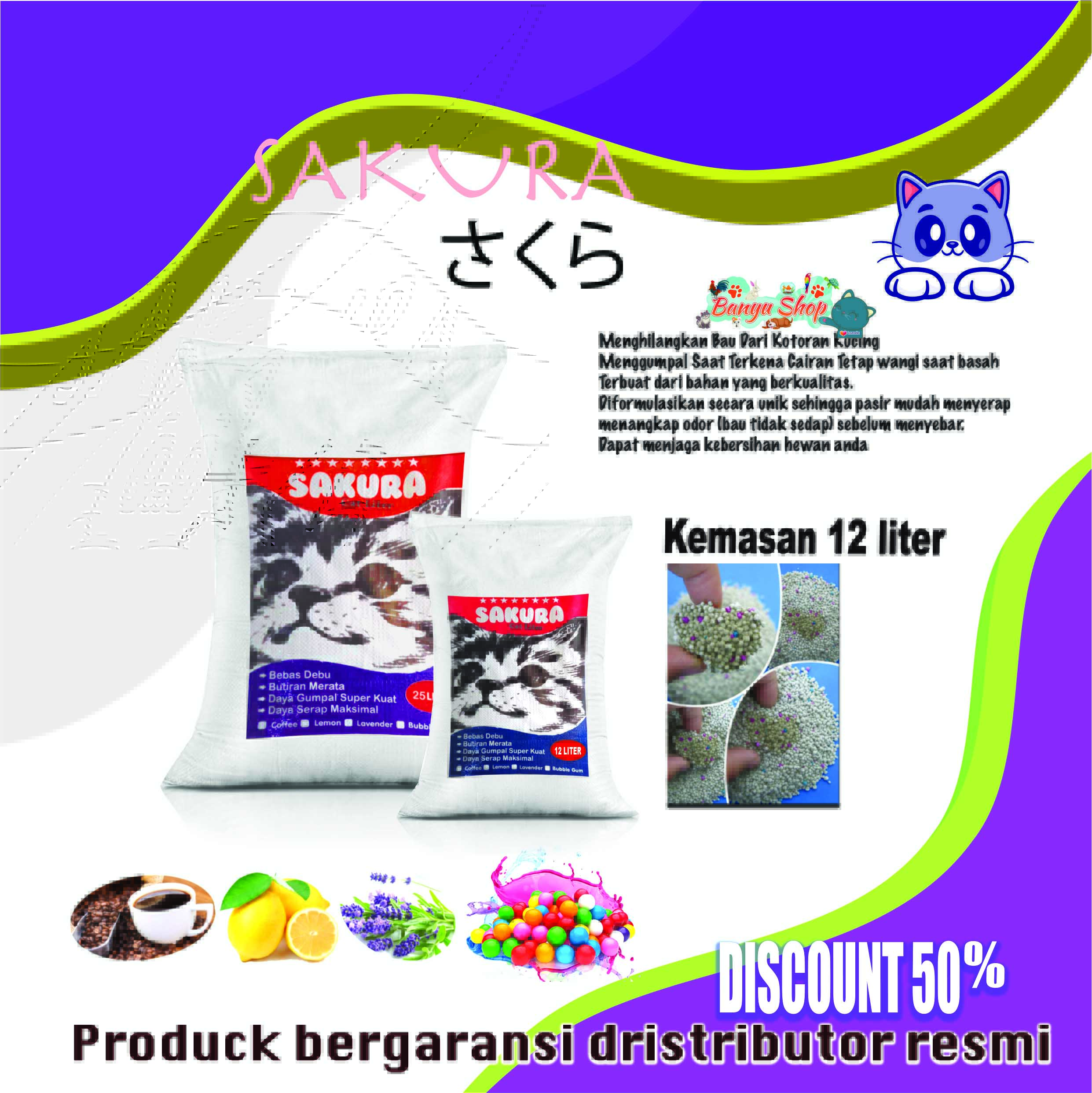 12 liter-Pasir gumpal wangi kucing-SAKURA-pasir kucing gumpal wangi