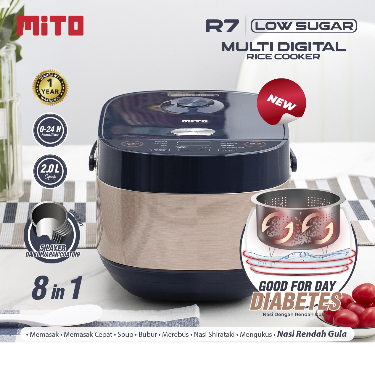 Mito R7 LOW CarboRice cooker Glow 8 in 1 Rice Cooker 2 liter New 2023