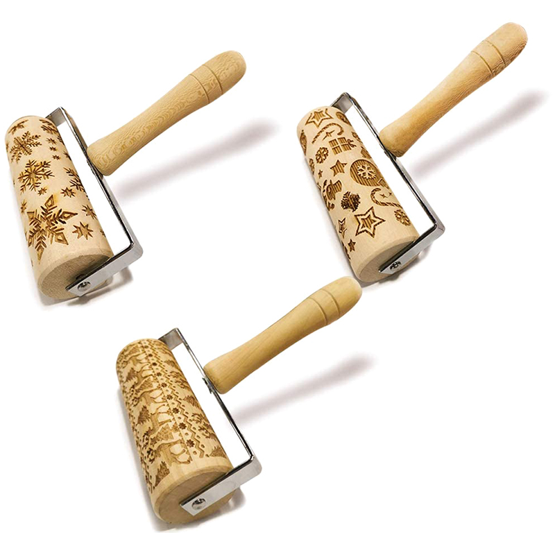 Rolling Pin Christmas Wood Hand-Carved Dough Pin for Baking Non-Stick Embossed Professional Dough Roll (3Pack)