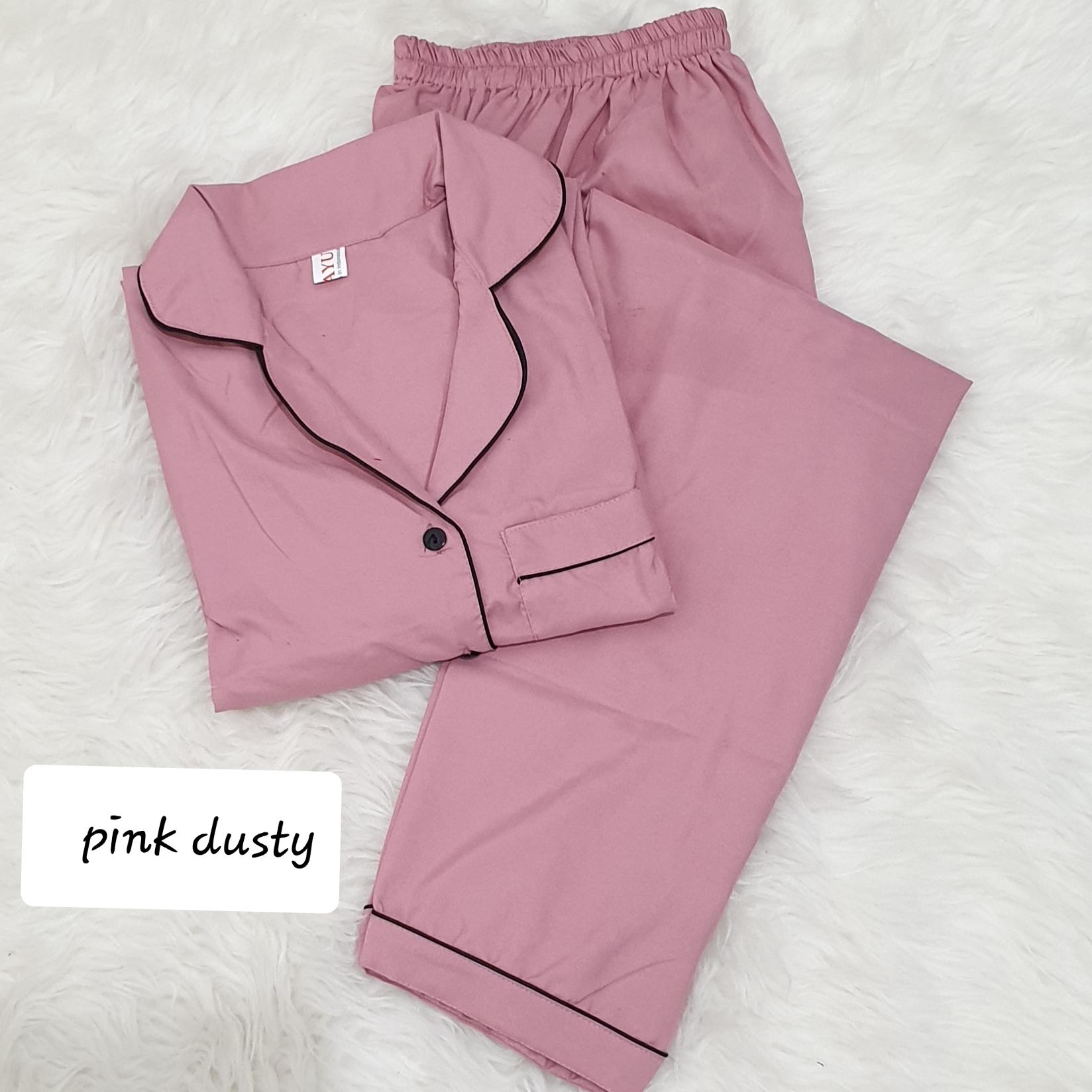 pajamas/piyama wanita (cp) lengan pendek celana panjang bahan katun silk polos pink dusty all size fit to L