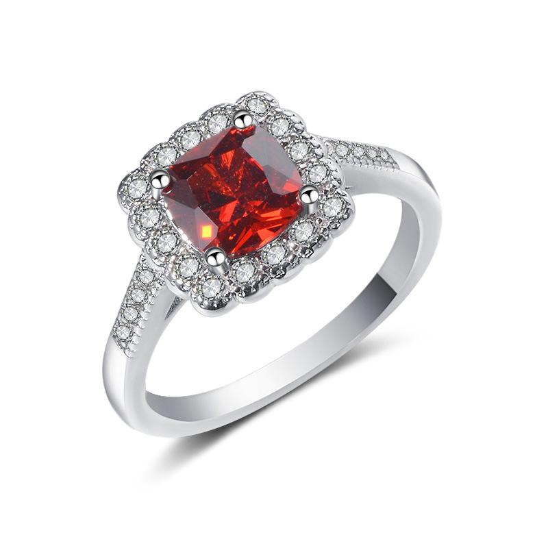 Delima merah gemuk persegi perempuan cincin, Busana sederhana berlapis emas putih cincin Eropa dan Amerika