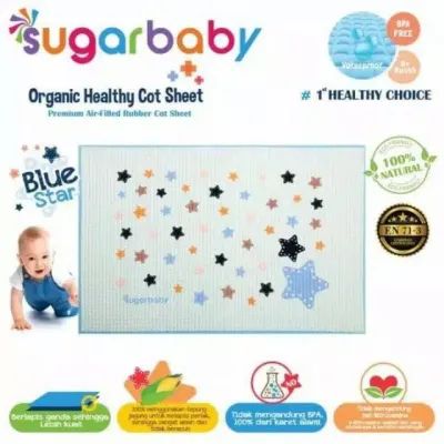 (Bisa Cod) (Promo!!) Sugar Baby Perlak Karet Organik Healthy Cot Sheet 90X60 Perlak Bayi - Blue Star