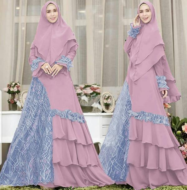 Farah Syari - Gamis Syari Terbaru Termurah / Ceruti Mix Brokat / Busui / Furing / Khimar Double Layer / 2 Warna