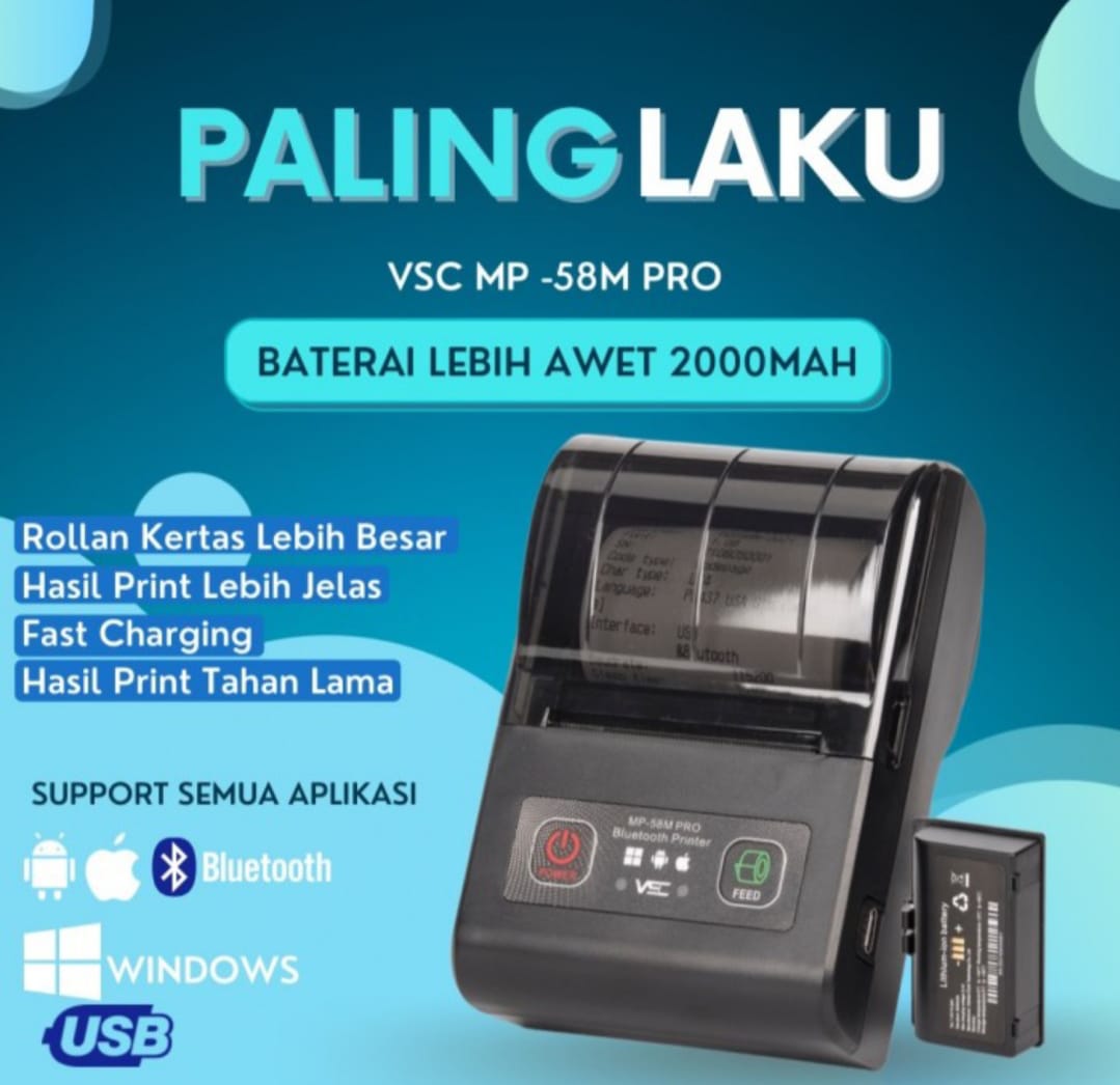 Mini Printer Bluetooth 58mm VSC MP58M PRO Baterai Besar & Awet 2000mAh