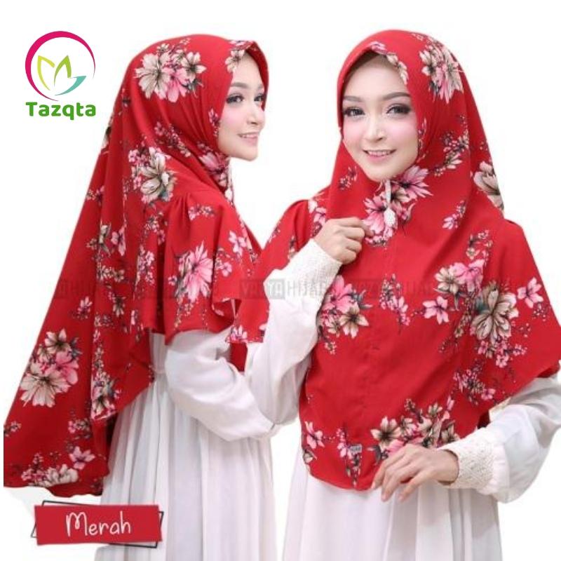 TAZQTA Hijab Khimar Tsurayya - Hijab khimar Kerudung Jilbab Motif Bunga Cantik - Bahan High Quality Bubbleprint Murah Berkualitas
