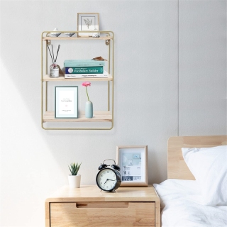 Wall mounted shelf wood hanging storage shelves 3tier with solid metal floating shelves for living room bedroom office 1