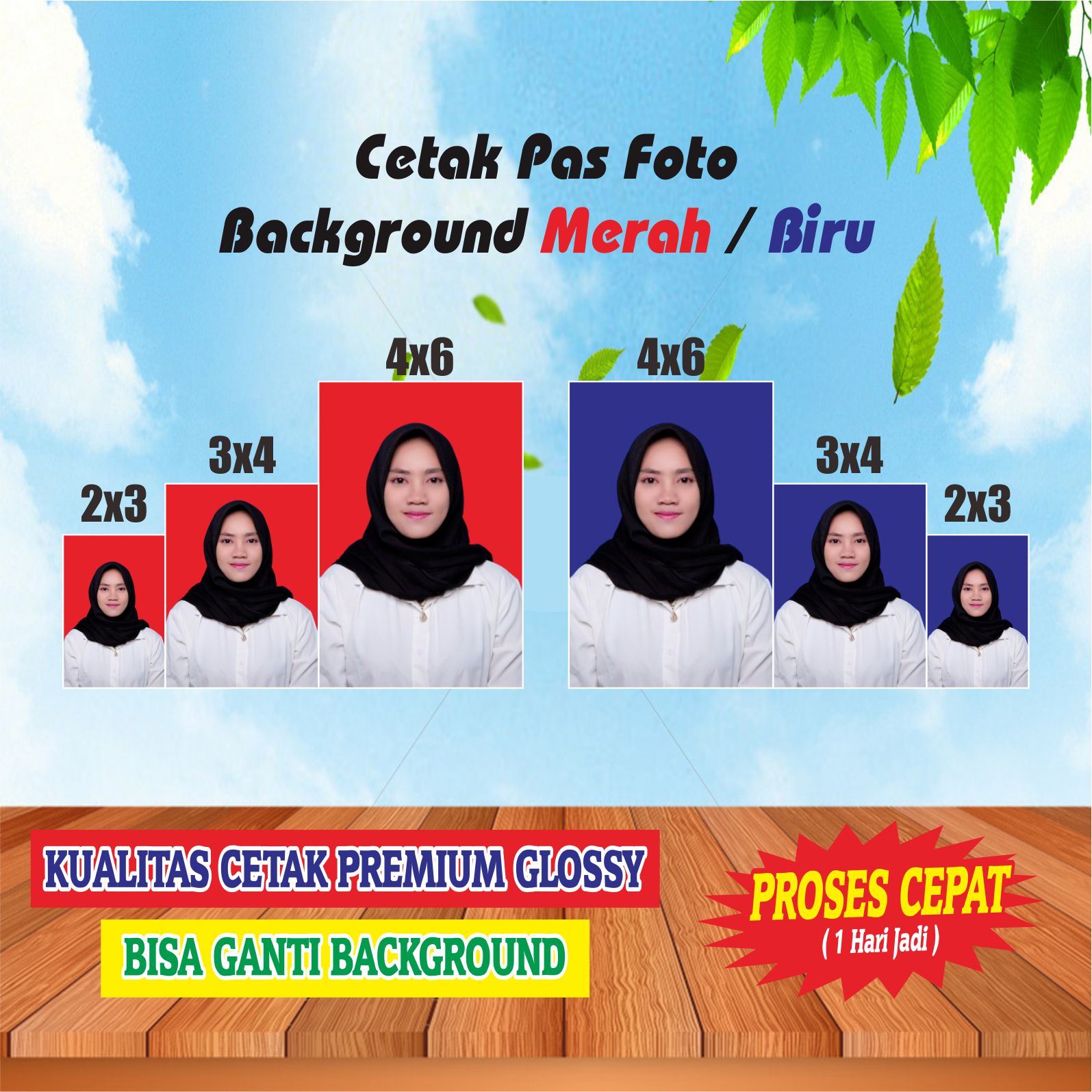 Cetak Pas Foto ukuran 2x3 3x4 4x6 Bisa Ganti Background Gratis Sehari