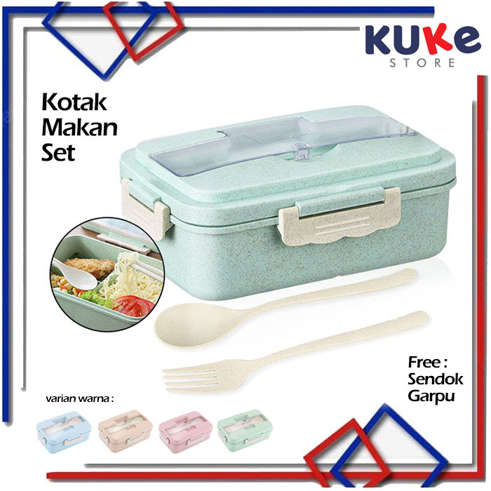 Kuke Lunch Box Set Kotak Bekal Makan Jerami Kotak Makan Anti Tumpah Free Sendok Dan Garpu