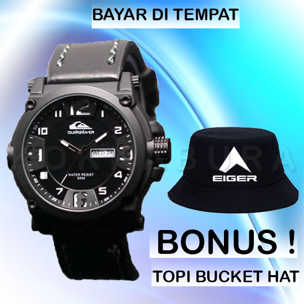 Quiksilver Outdoorwatch / Rip-curl Ocean surfing - Jam Tangan Sport / Kasual Pria - Genuine Leather Strap / Tali Kulit - Bonus Topi Bucket Hat Eiger