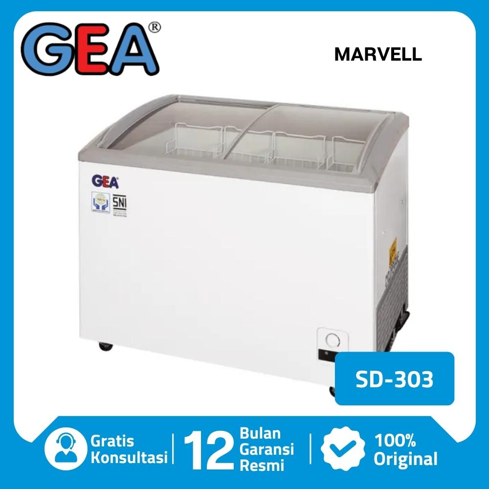 GEA SD 303 CHEST FREEZER ICE CREAM SLINDING CURVE GLASS FREEZER GARANSI