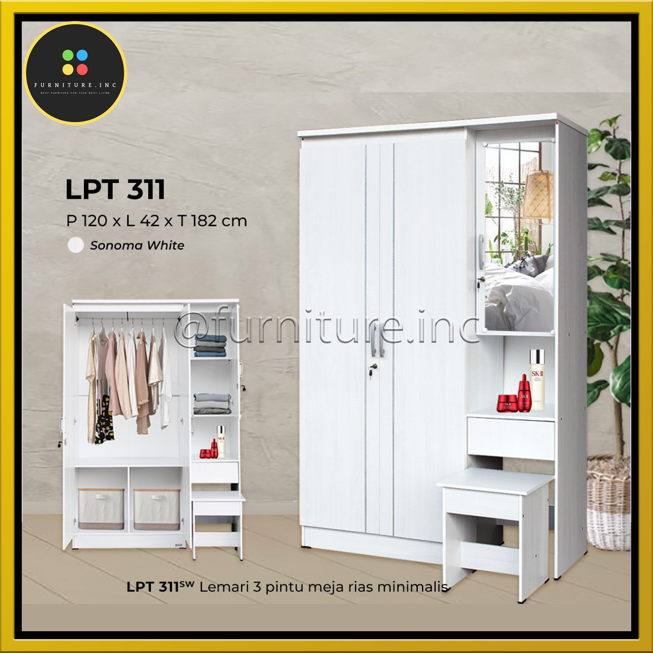 lunar furniture lemari pakaian meja rias putih 3 pintu minimalis