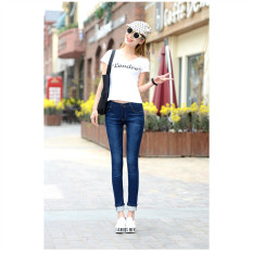 Dark Blue Slim Jeans untuk Wanita Kurus Tinggi Pinggang Jeans Wanita Biru Denim Celana Pensil Peregangan Pinggang Wanita Jeans Biru Celana Calca Feminina-Internasional