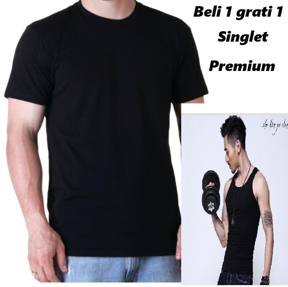 kaos oblong pria polos basic pendek hitam/beli 1 gratis 1 singlet premium