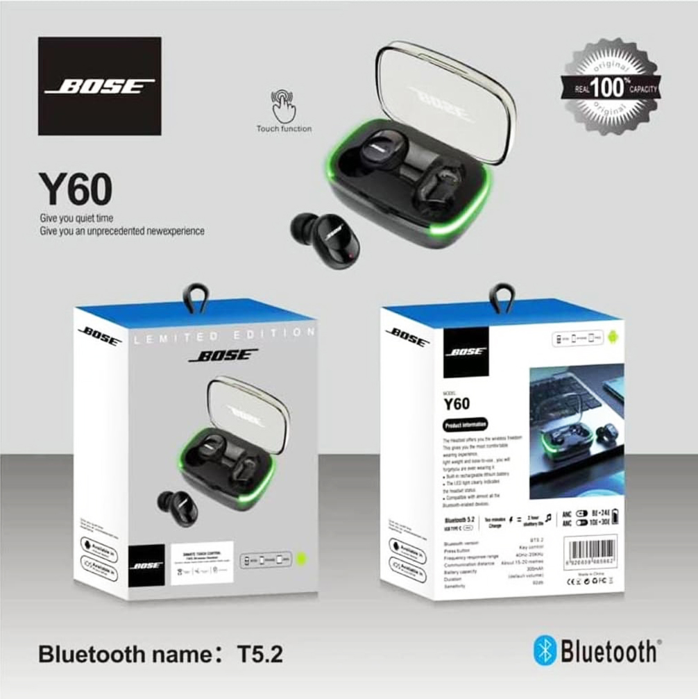 Headset Bluetooth Bose Y60 Wireless Earphone Handsfree HP LED TWS