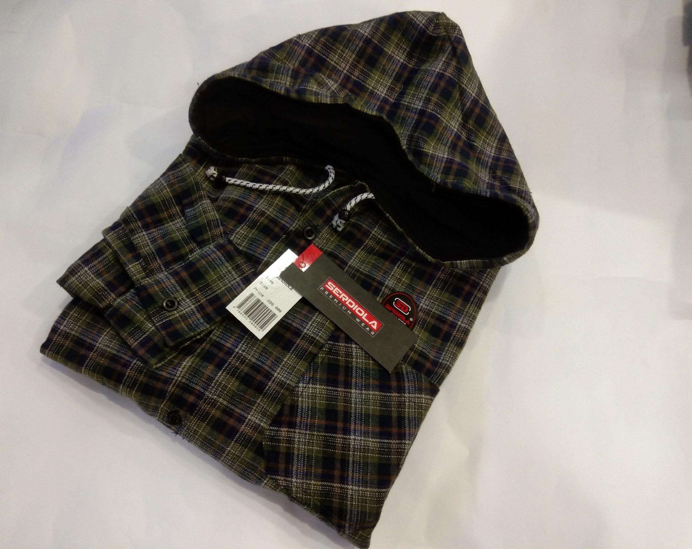 Kemeja flanel Hoodie pria lengan panjang hitam lis coklat