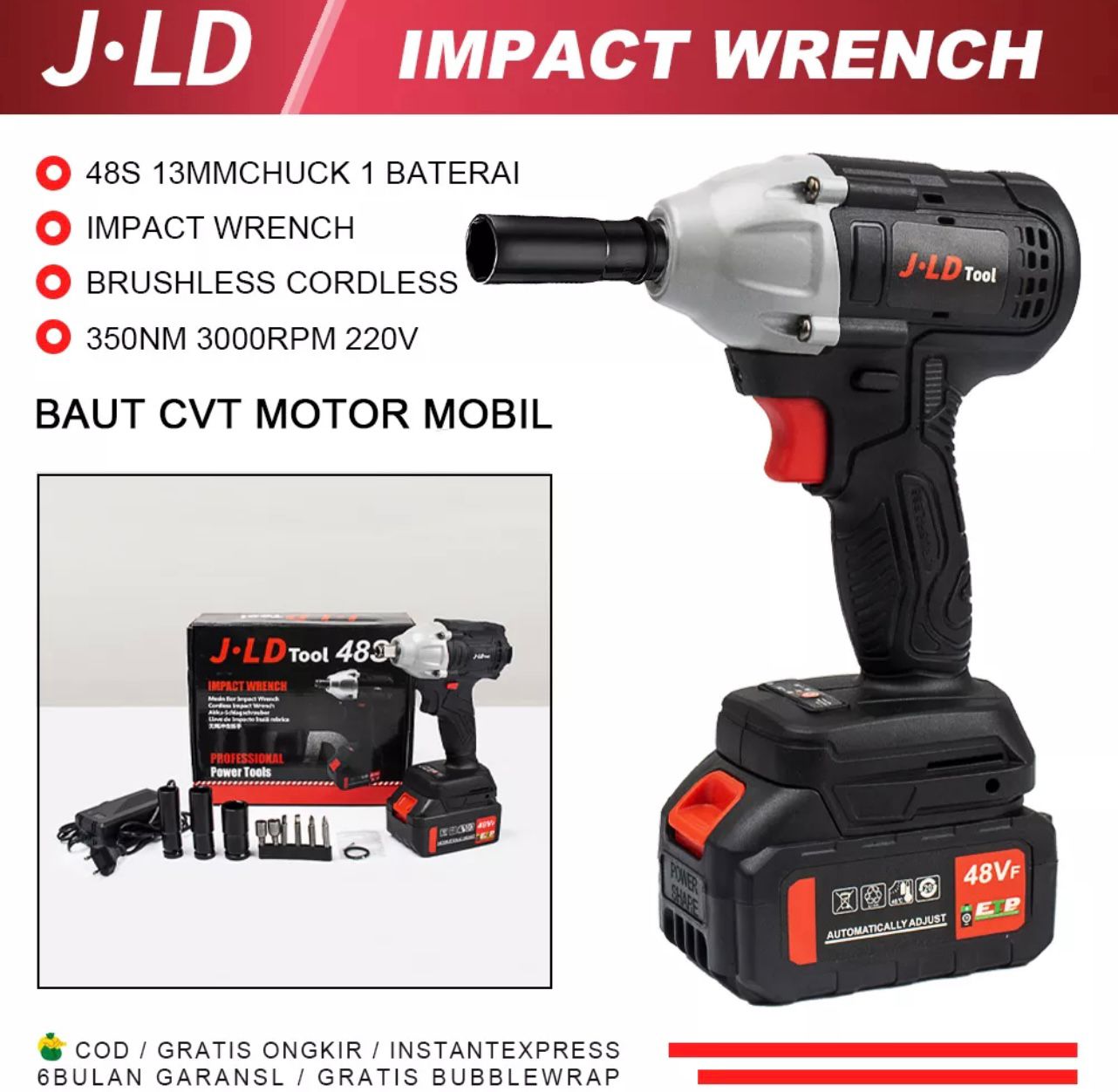 Impact wrench baterai cordless JLD ekonomis mesin pembuka baut ban 48s