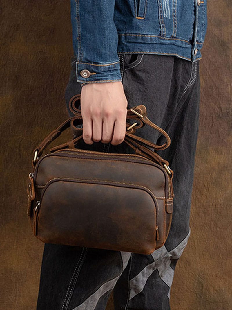 XTREXS Tas Jinjing Kulit Aseli Tas Selempang Pria Kulit Sapi Crazy