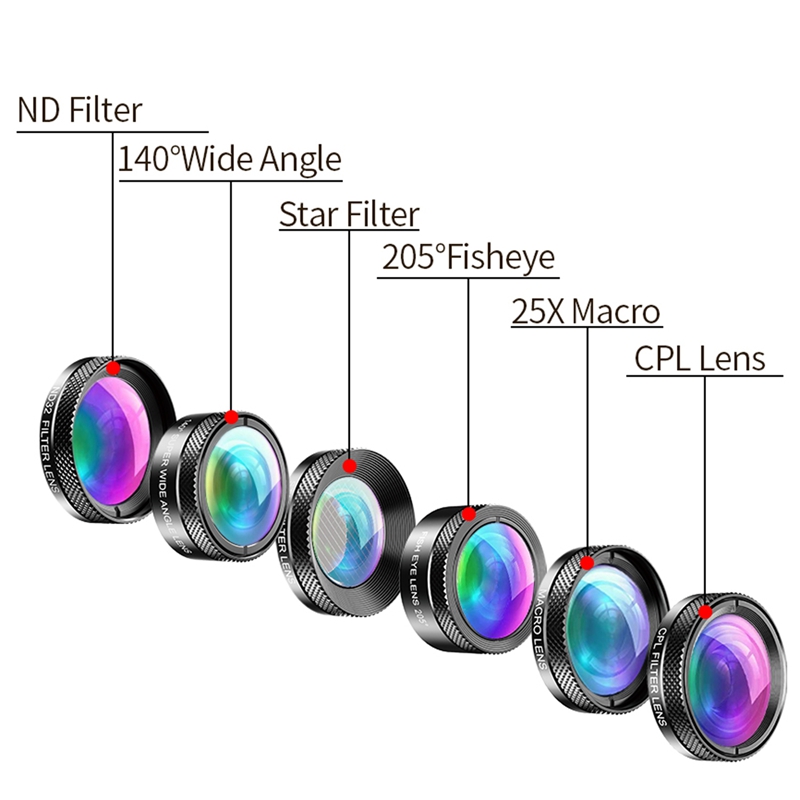 APEXEL New 6In1 Kit Camera Lens Photographer Lenses Kit Macro Wide Angle Fish Eye CPL Filter for iPhone Xiaomi Mi9