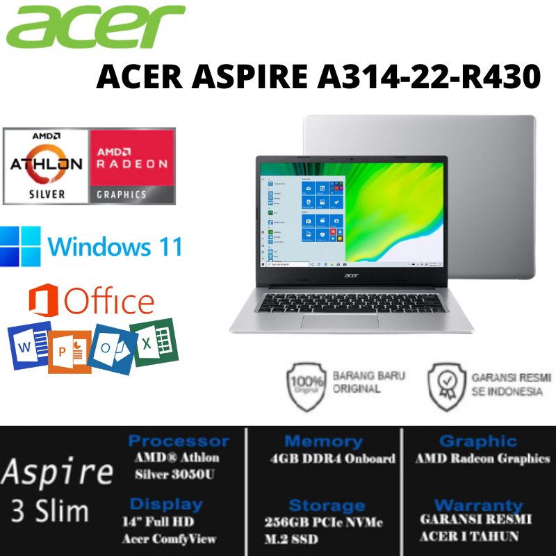 ACER ASPIRE A314 - 22 - R430 AMD ATHLON SILVER 3050U RAM 4GB SSD 256GB ...