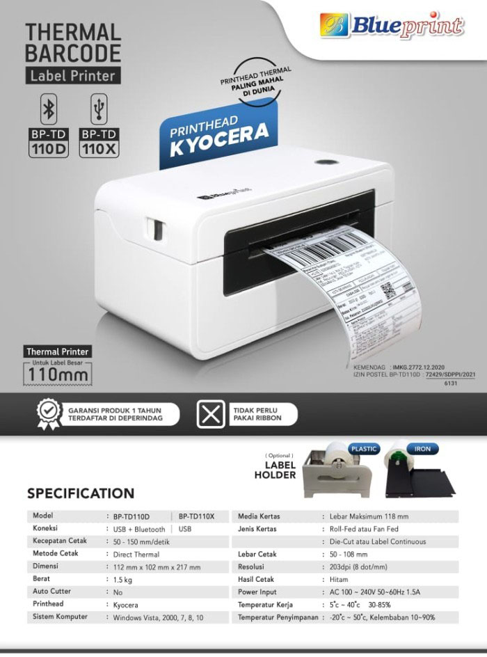Blueprint Printer Thermal Barcode Label Resi A6 USB Bluetooth BP-TD110D ...