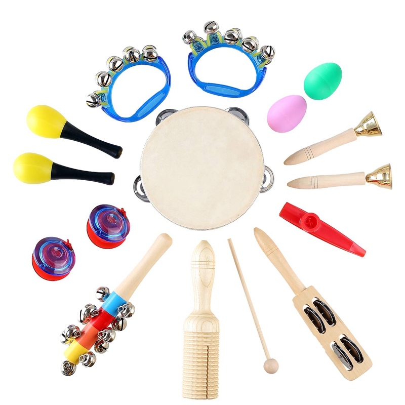 15 Pcs Kids Musical Instruments Set Wooden Percussion Instruments Toy Early Learning Music Toy with Bag