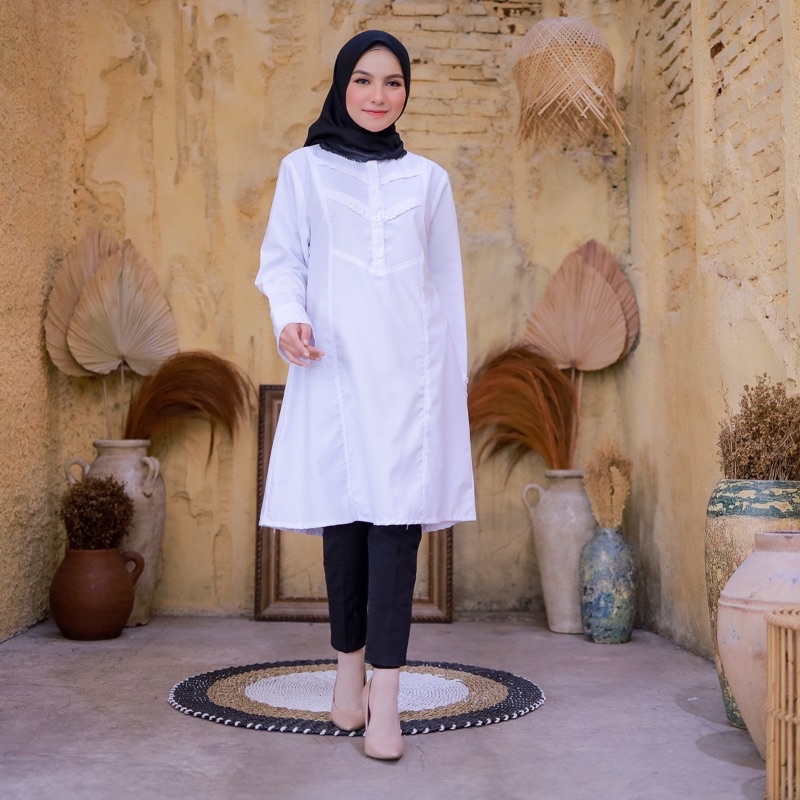 Sakhapremium.id Atasan Tunik Muslim Wanita Baju Putih Kerja Kantor PNS