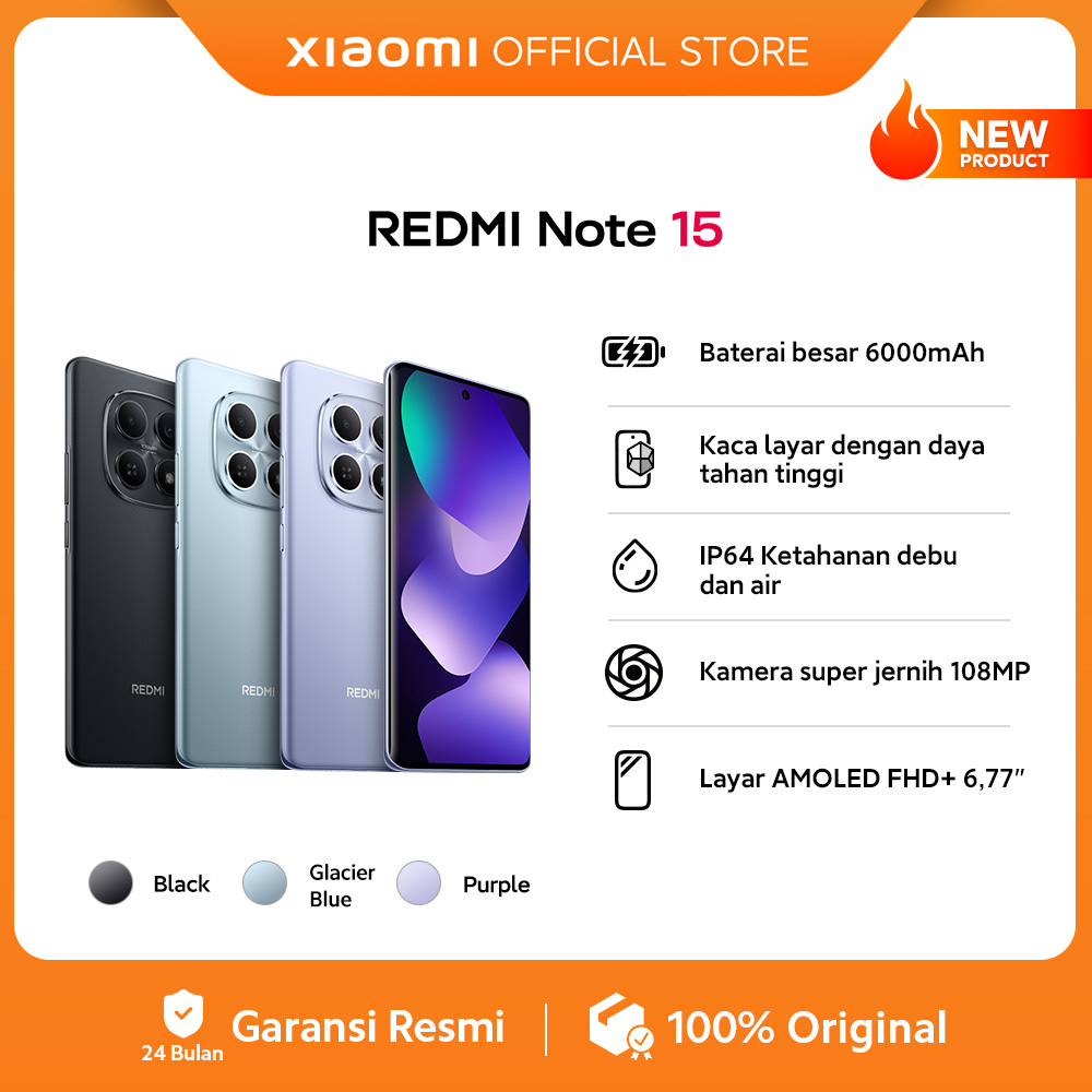 Xiaomi Redmi Note 15 (8/128 GB) (8/256 GB) | Baterai besar 6000mAh | Kaca layar dengan daya tahan tinggi | IP64 Ketahanan debu dan air | Kamera super jernih 108MP [Xiaomi Indonesia Store]