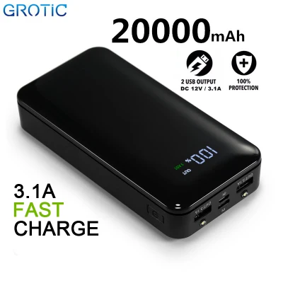 GROTIC Power Bank 20000mah 3.1A Fast Charging 2 Output Type-C & Micro USB Input Dual Flashlights Led Power Display Powerbank GYF20