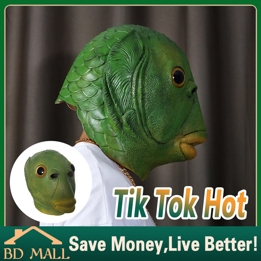 TikTok topeng kepala ikan warna hijau Bahan Latex Untuk Kostum