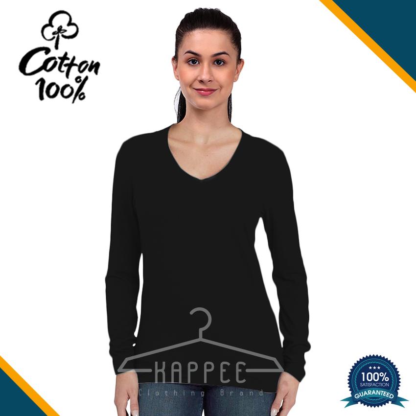 KAPPEE Kaos Polos Wanita Premium Hitam Lengan Panjang V-Neck Cotton combed 30s / Kaos Hitam Reaktif / Kaos Polos Murah / Kaos Termurah / Baju Kaos Distro / Kaos T Shirt Cowok / Kaos Keren Terbaru / Kaos Atasan Wanita Dewasa / Casual Tumbler Tee