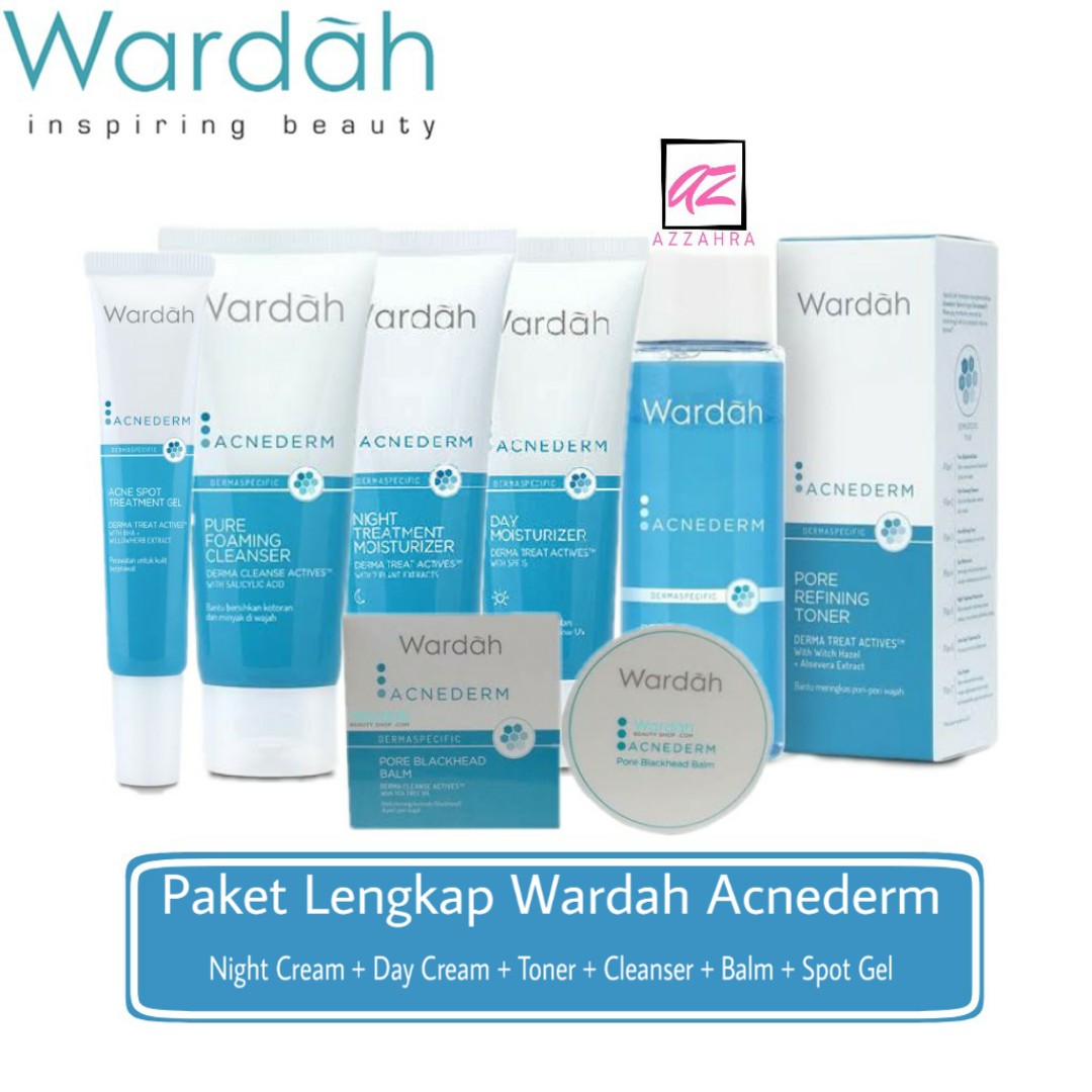 Paket Lengkap WARDAH Acnederm Skincare Perawatan Wajah 6 pcs( Toner + Balm + Cleanser + Day cream + Night cream + Spot gel)