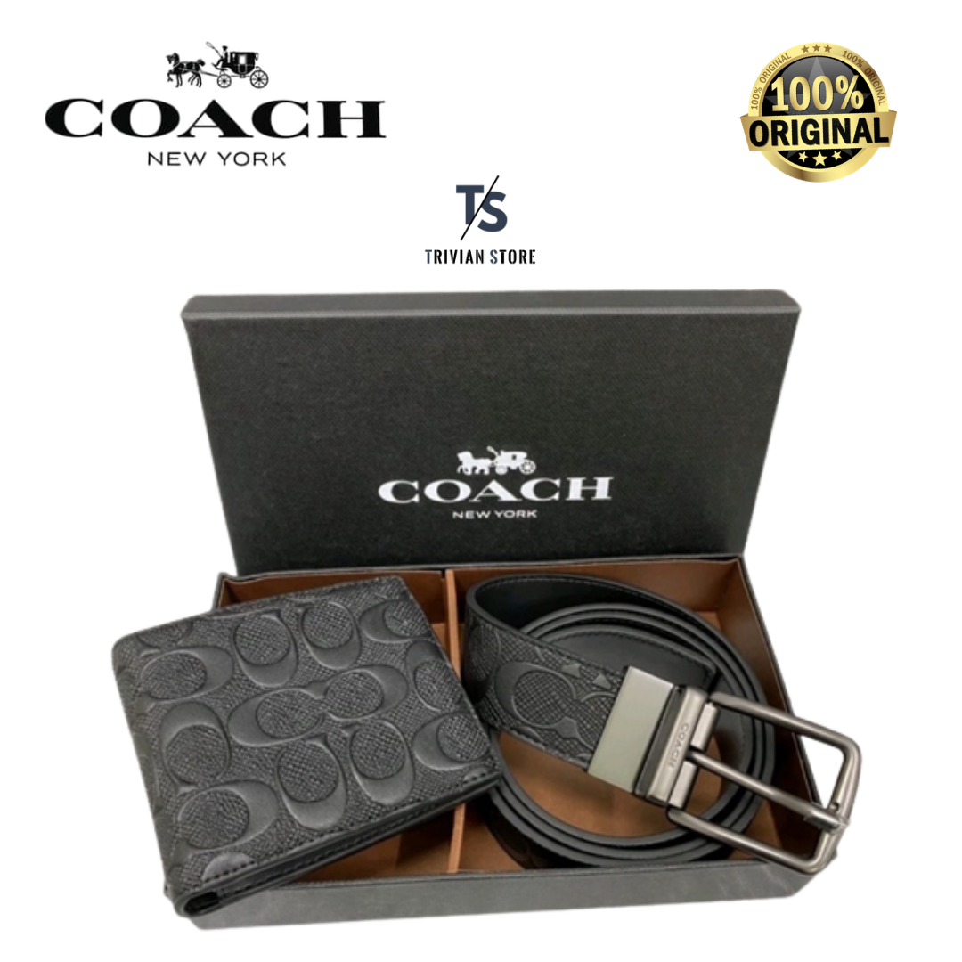 Coach men Belt + Wallet 2 in 1 Embossed Leather Black | Lazada Indonesia