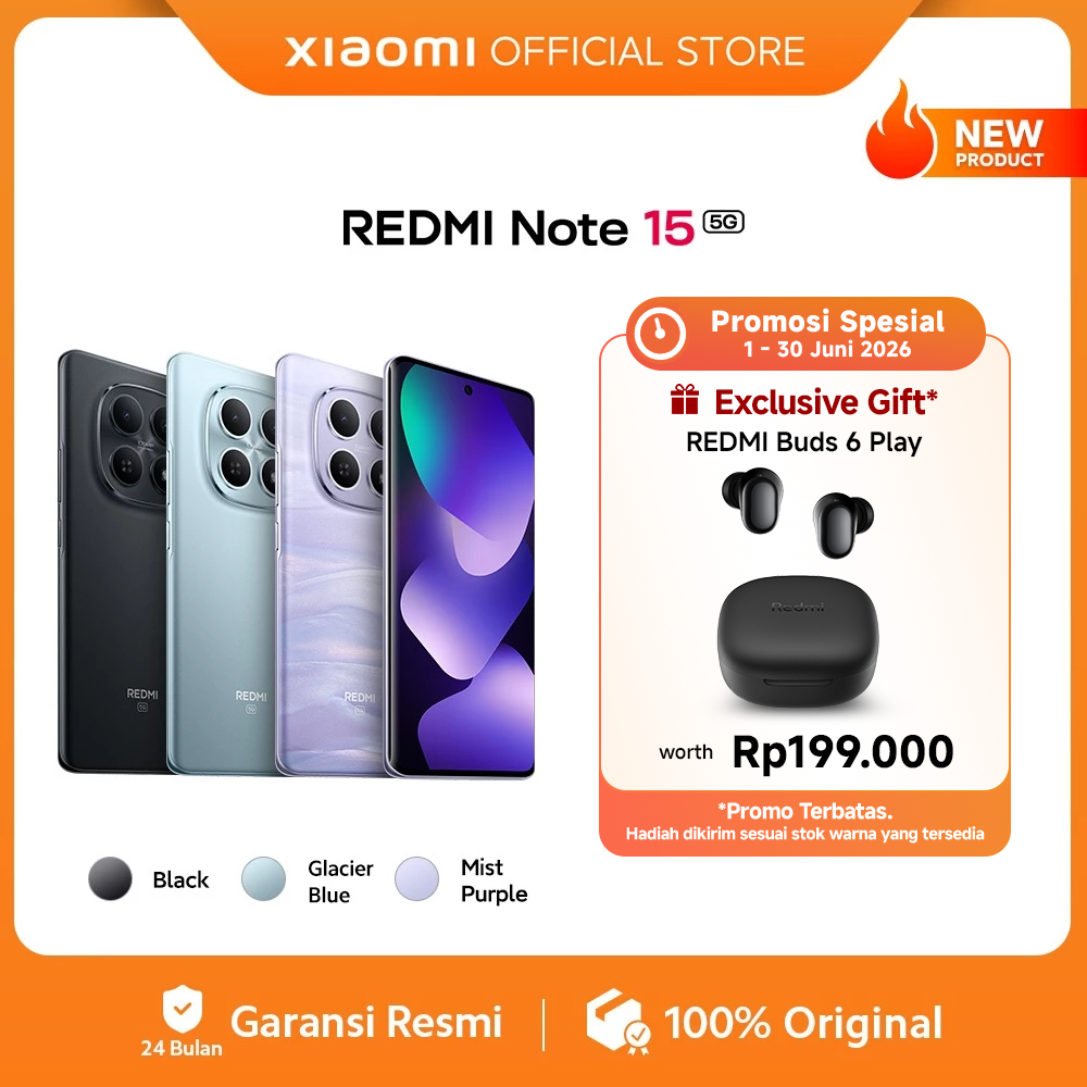 Xiaomi Redmi Note 15 5G (8/256 GB) (12/512 GB) | Baterai 5520mAh dengan desain ramping | Kaca layar dengan daya tahan tinggi | IP66 Ketahanan debu dan air [Xiaomi Official Store]