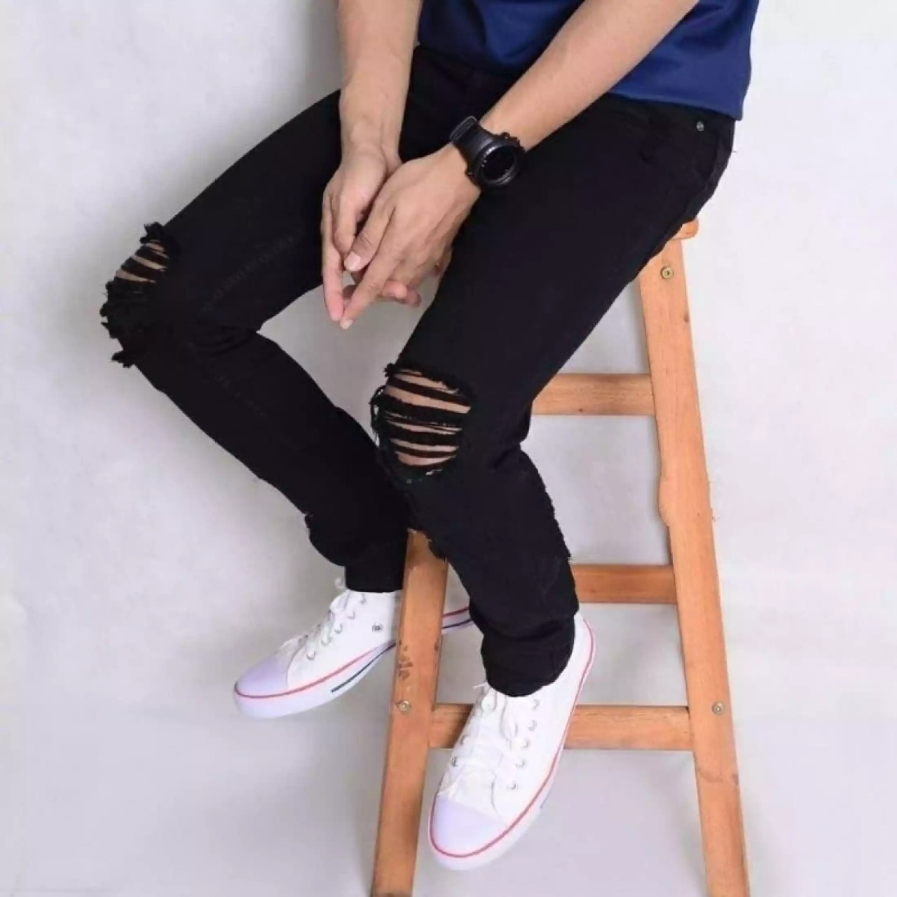 Celana Jeans Pria Sobek Ripped / Celana JEANS hitam pria Strecth