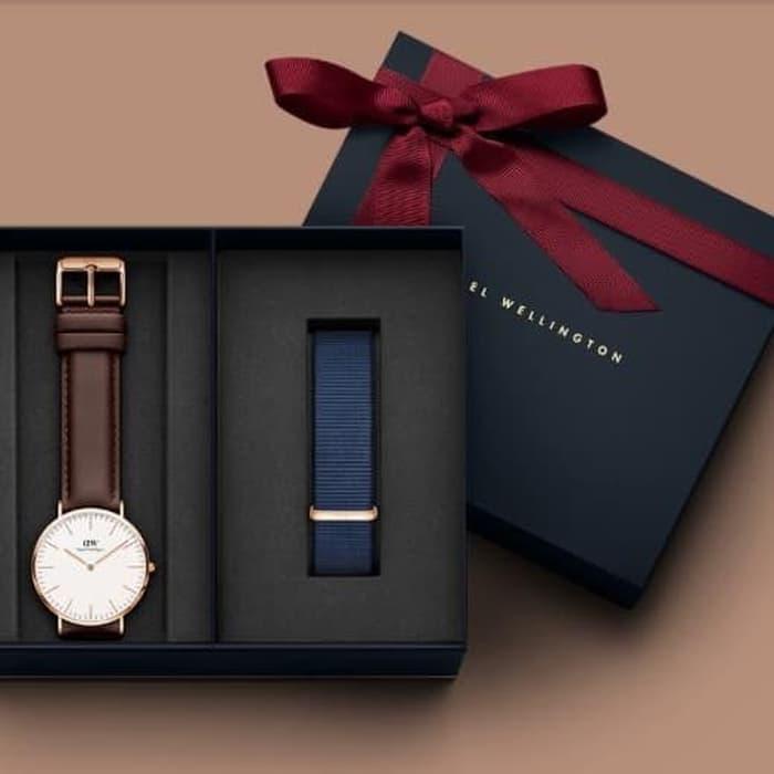 Paket Kado Jam Tali Kulit Cokelat Tua White Rosegold Bonus Tali Nilon Biru Size 36mm 40mm Original / Wellington / Jam Tangan Pria / Jam Tangan Wanita / Jam Berkualitas / Jam Trendy / Jam Termurah / Jam Cantik / Jam Terbaru 2019