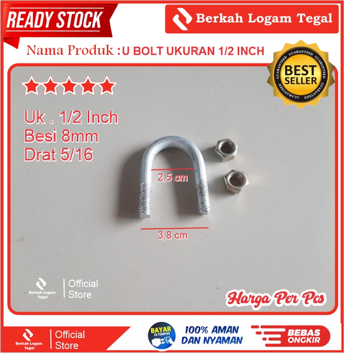 U Bolt 1/2 inch / Klem Pipa Besi / Pengencang Pipa / Baud U Grosir