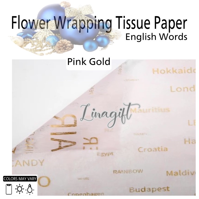 ( 5 Lembar ) ENGLISH WORDS FLOWER WRAPPING TISSUE PAPER / KERTAS TISU