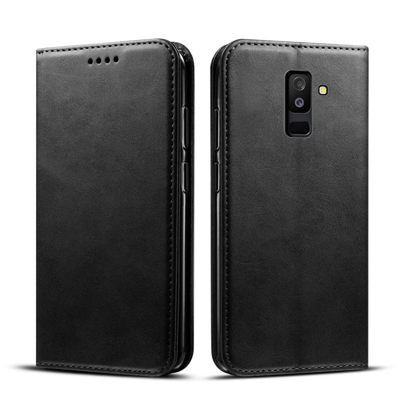 Casing Ponsel untuk Samsung Galaxy A6 Plus 2018 Calf Kulit PU Dompet Sarung Lipat Berdiri Cangkang Pelindung dengan Tempat Kartu